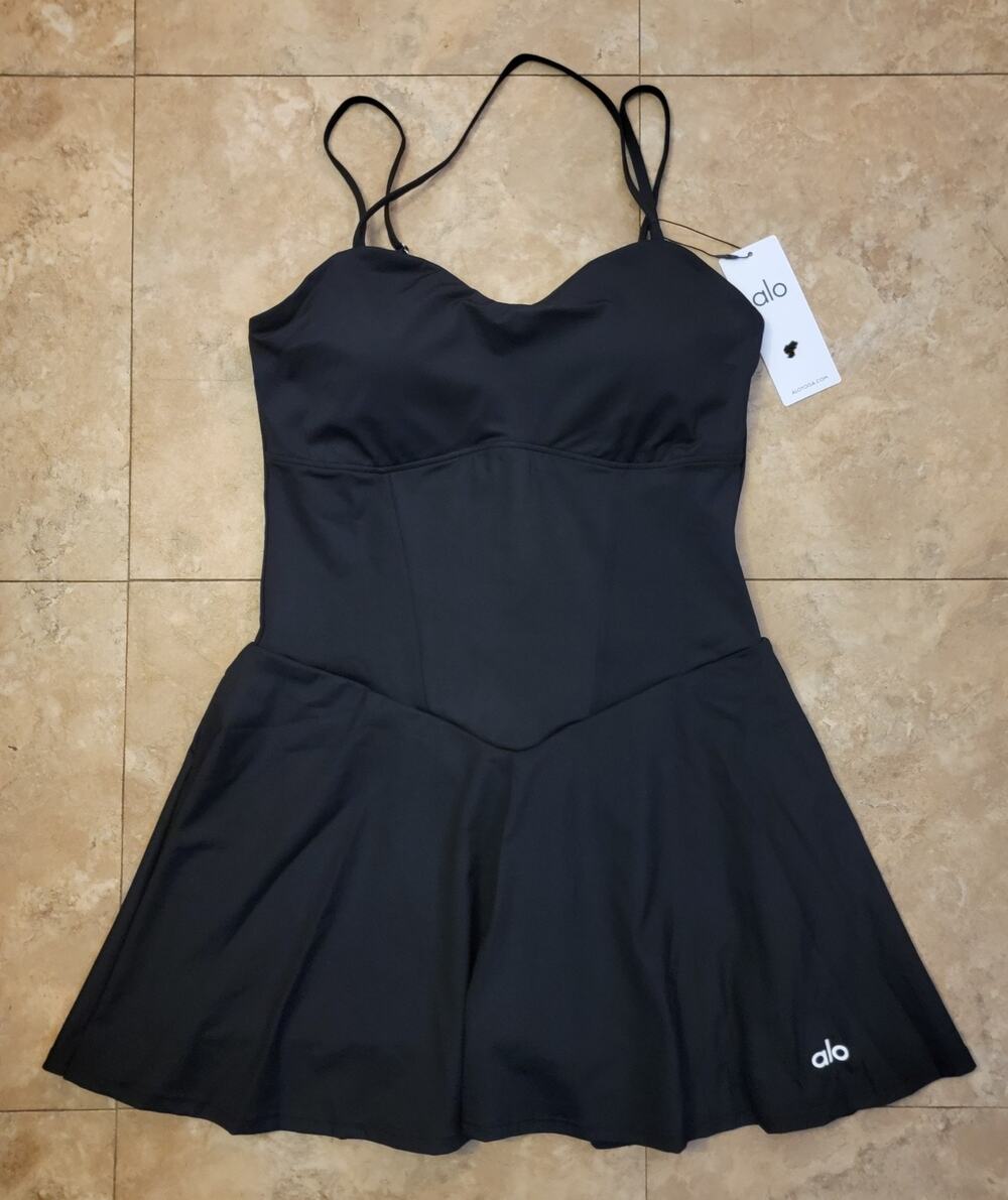 ALO Yoga Alosoft L Courtside Black Tennis Dress Athleisure ActivePickleball New